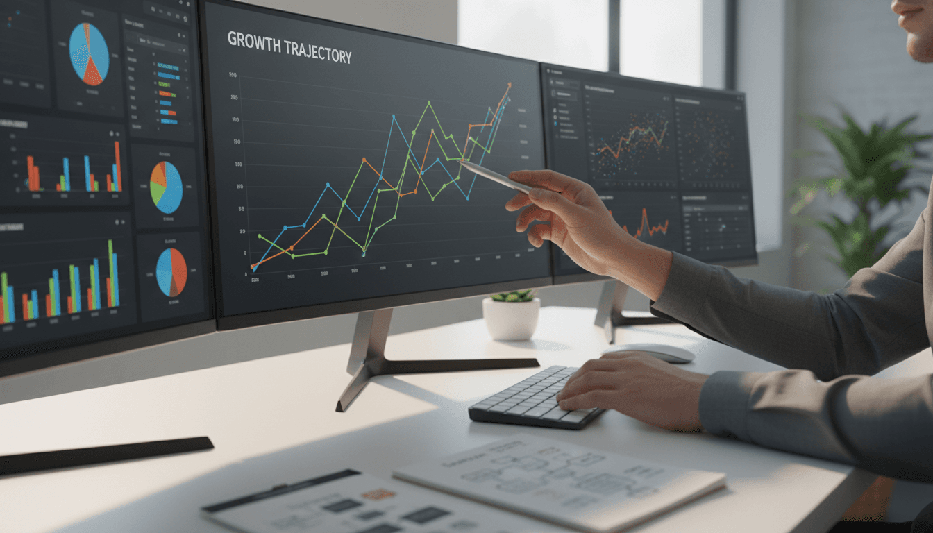 Data analyst's hands pointing at colorful charts on multiple monitors displaying spreadsheet dashboards and trending analytics